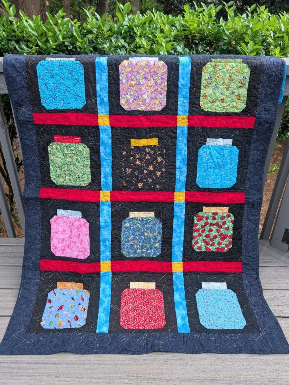 Bug Collection in Jars Quilt Black & Vibrant Colors 56 x 44